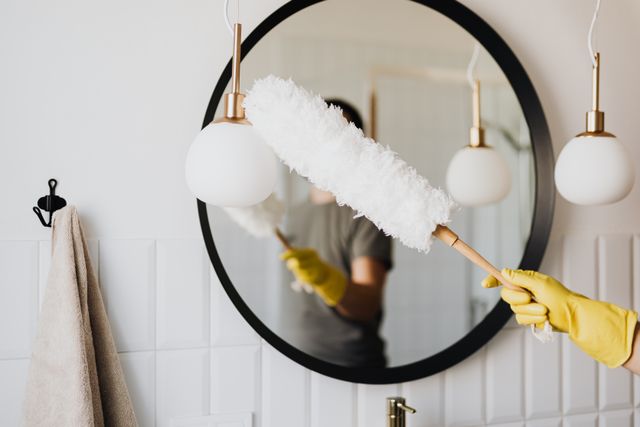 Home Crop anonymous female housewife in rubber gloves dusting modern lamp with soft brush against mirror while cleaning stylish bathroom